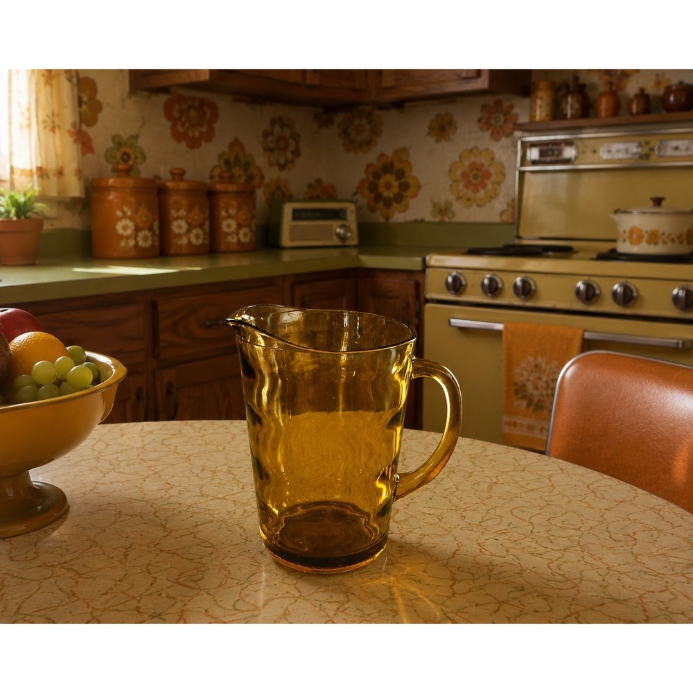 Vintage MCM Hazel Atlas Amber Glass‎ Waterfall Optic Ribbed Pitcher